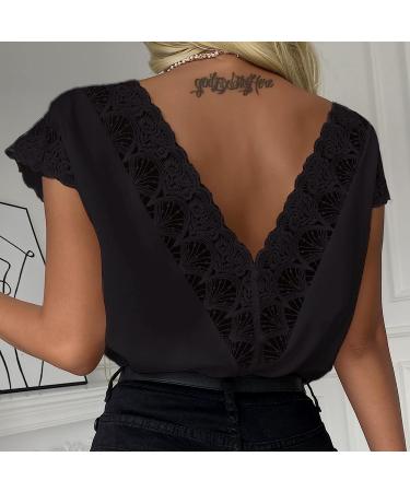 Sexy Lace Cap Sleeve V-Neck Top - Small Black | Backless Blouse with Floral Print | Button Down Shirt for Women - Buy Online on GoSupps.com