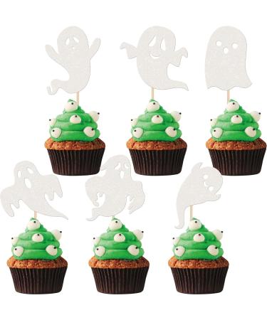 Pack of 24 Ghost Halloween Cupcake Toppers Glitter Ghost Cake Decoration for Happy Halloween Spooky Ghost Theme Party Cake Decoration Baby Shower Children Birthday Party Cake Decorations White Colour 19