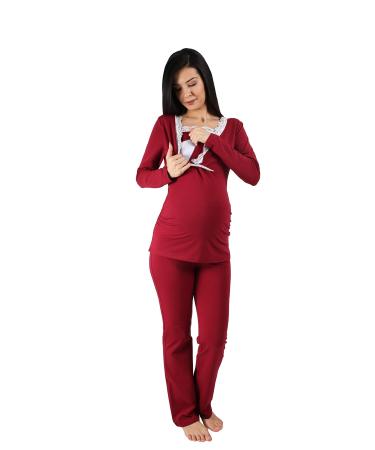 Nursing Pyjamas Set with Lace for Women - Maternity Pyjamas Sleepwear for Pregnancy and Breastfeeding with Breastfeeding Function Long Sleeve L Wine Red