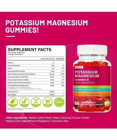Potassium Magnesium Gummies - High Absorption Magnesium Glycinate & Potassium Citrate Plus Coenzyme Q10 DHA D3 Mineral & Calcium for Zzz Leg Cramps & Muscle - 60 Raspberry Gummies - Buy Online on GoSupps.com