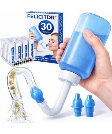 Adjustable-Pressure Blue Nasal Rinse Bottle, 300mL Smart Air-Valve Continuous-Flow Irrigator with 30 Saline Packets & Dual Nozzles