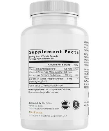 Fit Boxx Heart & Bone Complete D3 + K2 with Calcium & BioPerine Vitamin D3 5000 IU + K2 MK-7 100mcg + Calcium 210mg Bone & Heart Support Non-GMO Gluten-Free Dairy-Free 60 Veggie Capsules - Buy Online on GoSupps.com