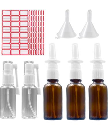 Nasal Spray Bottle 30 ml Dropper Bottle with Pipette 2 Funnels and Labels Amber Colour Refillable Fine Spray Mist for Homemade Cleaning Products Air Travel or Outdoor Sports