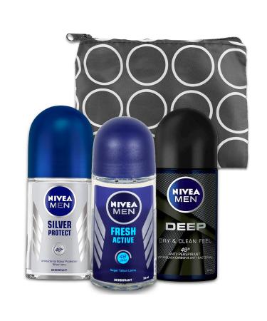 Nivea Men's Deodorant Roll-On Pack - Bundle with 3 Variety Packs of Nivea Men's Deodorant Roll-Ons Plus Bag | Men's Deodorant and Antiperspirant Roll-On Pack of 3