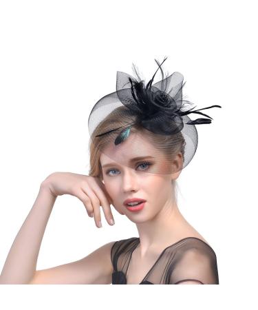 Jzk lady vintage fascinator flower headgear headpiece spring hair accessories with clip & headband elegant hair accessories hat for cocktail party wedding (veil black)