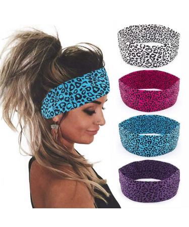 DRESBE Boho Yoga Headbands Leopard Print Hair Bands Stretchy Head Wraps Elastic Hair Accessories for Women and Girls(Pack of 4)