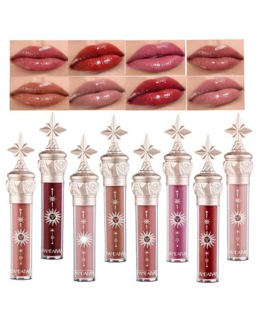 Pakivs 8Pcs Mirror Water Gloss Lip Gloss Set Glass Lip Dense Moisturizing Lip Stain Lip Glaze Lipstick Star Stick Design