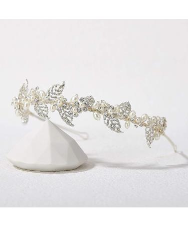 SWEETV Pearl Bridal Headband - Silver Crystal Leaf Tiara for Women | Wedding Hair Accessories - Buy Online on GoSupps.com
