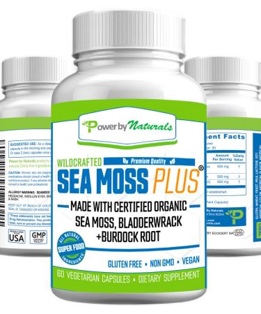 Power By Naturals Certified Organic Sea Moss Plus Supplements with Wildcrafted Irish Sea Moss, Bladderwrack, and Burdock Root, Pure Sea Moss Supplement, Vegan, No Fillers, 60 SeaMoss Powder Capsules