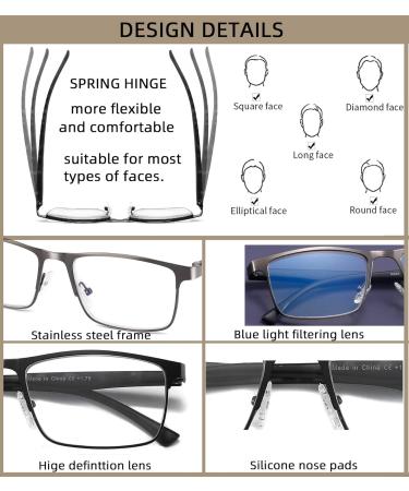 4-Pack Men's Blue Light Blocking Reading Glasses - Stylish Spring Hinge Metal Full Frame +2.0 (2 Black + 2 Gunmetal - Buy Online on GoSupps.com