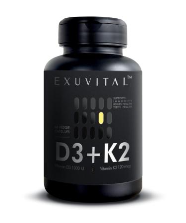 EXUVITAL D3 & K2 Vitamin Supplement Vegan D3 1000 IU & K2 MK7 120 mcg for Bone Heart & Immune Support Non-GMO Gluten-Free 60 Vegan Capsules 2 Months Supply
