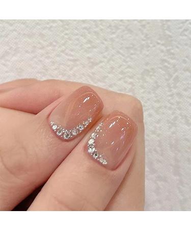 Glossy Nude Pink Short Round Press on Nails with Rhinestone Designs - Women & Girls - Buy Online on GoSupps.com