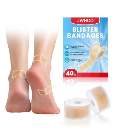Blister Tapes Pads Cushions - 2 Rolls (40 ct) Strong Self-Adhesive Heel Pads Soft Durable & Waterproof Ideal for Foot Toe Heel Friction Blister Prevention