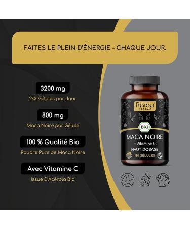 Maca Noire BIO du P rou - Haute concentration 12 800 mg Maca Noire du P rou par Jour ( quivalent 3 200 mg) - R gulateur Hormonal D tente nergie - 180 G lules - Avec vitamine C - sans OGM - Buy Online on GoSupps.com