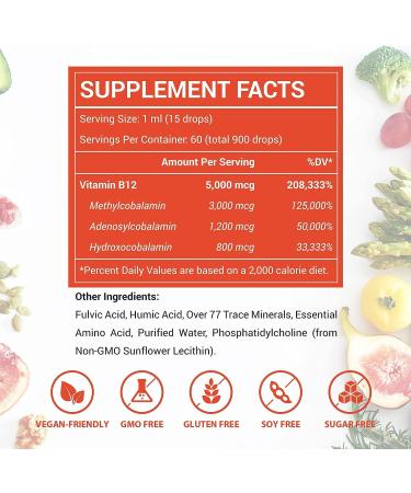 Bioactive Liposomal Vitamin B12 Sublingual Drops 5000mcg with Fulvic Acid - Vegan & Liquid Formula for Energy & Immune Support - 2 Fl Oz - Buy Online on GoSupps.com