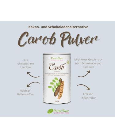 Organic Carob Powder - Vegan Cocoa Alternative for Sugar-Free Drinking Chocolate - Natural Sweetness & Fiber Rich - Pureeraw 240g - Buy Online on GoSupps.com