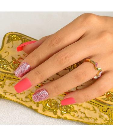 Sethexy Pink Square Fake Nails | Matte Acrylic Press-On Nail Tips for Women & Girls - 24pcs - Buy Online on GoSupps.com
