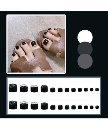 VOTACOS Short Square Press On Toe Nails - Black French Tip with Rhinestones | 24PCS Full Cover Glossy Acrylic Toe Nails for Women - Buy Online on GoSupps.com