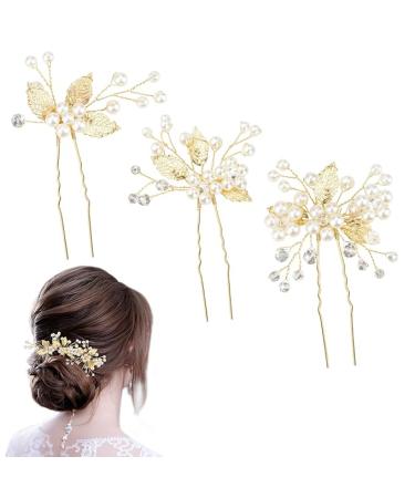 XZtimes Wedding Hair Clips Gold Leaf Bride Hair Pins Bridal - Pack of 3 - gold pin - Vintage
