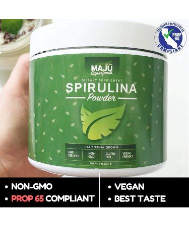 Maju Spirulina Powder - Microcystin Free, USA Grown, Non-Irradiated, Non-GMO - Vegan Green Protein 8oz - Pesticide-Free Superfood - Buy Online on GoSupps.com