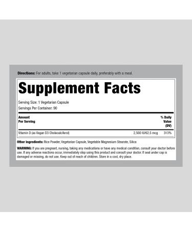 Piping Rock Vitamin D3 2500 IU 90 Capsules - Vegan Vegetarian Non-GMO Gluten Free Supplement - Buy Online on GoSupps.com