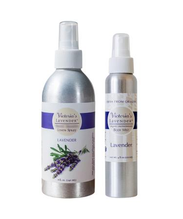 Victoria's Lavender Pillow and Linen Spray Mist Spray (8 oz) and Aromatherapy Body Mist Spray - After Sun Solar Recovery Spray with Aloe Vera (4 oz) with Lavender Essential Oil - (Set of 2) Lavender Linen Spray 8 Ounce & Body Mist 4 Ounce