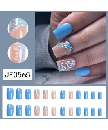 OKAQEE Almond Solid Blue Gold Fake Nails - Short Square False Nails with Glue - Buy Online on GoSupps.com