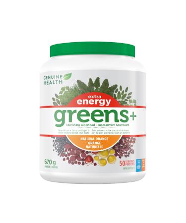 Genuine Health Greens+ Extra Energy 50 servings Superfoods Antioxidants and Polyphenols for daily immediate energy or workout boost Natural Orange flavoured powder 670g Natural Orange 50 Servings