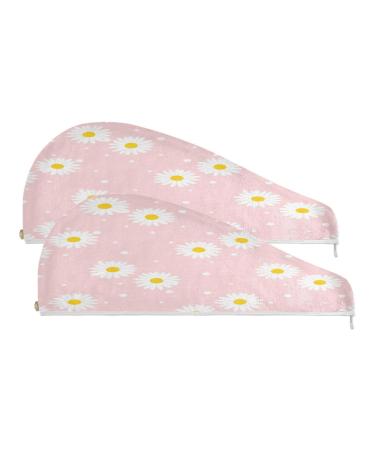Pink Daisy Dry Hair Cap 2 Piece Quick Drying Towel Set with Button Headband Super Absorbent Soft & Comfortable