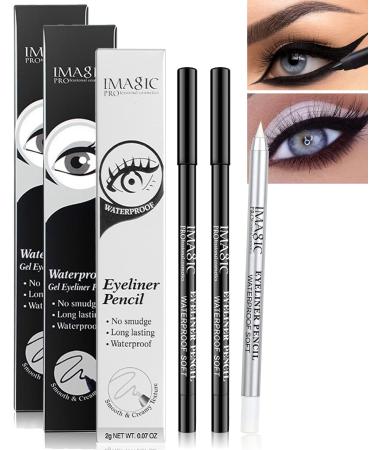 Lestpola Set of 2 black pens and 1 waterproof white gel eyeliner pen for eyeliner - White marker - For tattoos - Long-lasting - Super smooth - Formula - Eyeshadow - Makeup