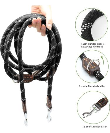 Adjustable Dog Leash for Large & Medium Dogs - Nylon 3m x 15mm Double Liners 2 Carabiner Hooks 3 Rings - Black - Buy Online on GoSupps.com