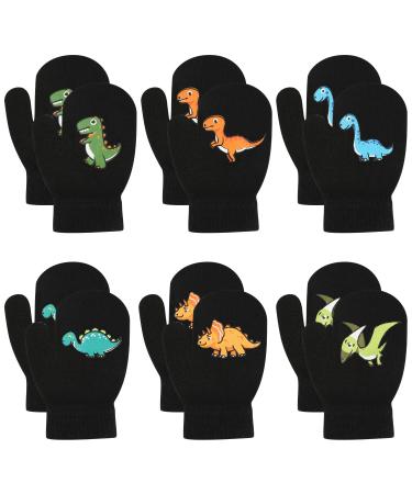 KINBOM 6 Pairs of Toddler Mittens Dinosaur Winter Dinosaur Patterns Mittens Fluff Gloves Warm Knit Mittens for Little Boys Girls Toddlers(Black Dinosaur)