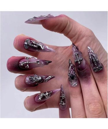 2 Piece Set Reusable Glue Gel Gothic Mauve Nail Gradient Finger Metal Cross Charm Design Spider Decal Halloween Cross Pattern Punk Suitable for Female Girls Almond Nails Purple Gradient 1count - Buy Online on GoSupps.com
