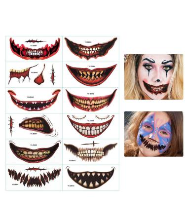 12PCS Halloween Temporary Face_Tattoos | Halloween Clown Horror Mouth Tattoo_Stickers Temporary_Tattoos | Face Decals Prank Props for Halloween Cosplay Party Decorations