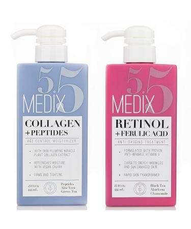 Medix 5.5 Collagen + Peptides Age Control Moisturizer & Retinol + Feruligacid Anti-Sagging Treatment - 15 Fl Oz. - Pack of 2
