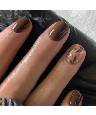 Fall Press on Nails Short Square Fake Nails Thanksgiving False Nails with Brown Gold Glitter Designs Brown Glue on Nails Autumn Stick on Nails Cute Acrylic Nails Full Cover Glossy Nude Artificial Nail style14