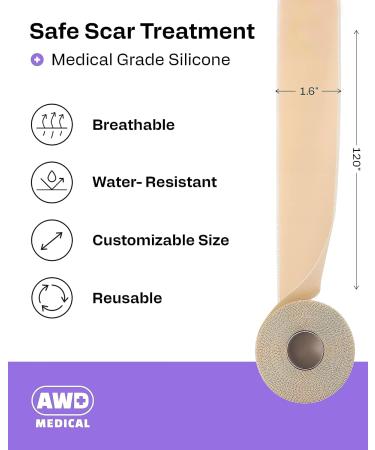 AWD Silicone Scar Tape for Surgical Scars - Pre-Cut Medical Grade Sheets for C Section & Tummy Tuck - 1.6 x 60 Roll - Buy Online on GoSupps.com