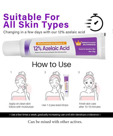 Azelaic Acid 12% Facial Serum Azelaic Acid Serum Face Cream Skin Care Beauty with Niacinamide & Vitamin C Removes Acne Redness Fade Dark Spots Correcting 20G (1) - Buy Online on GoSupps.com