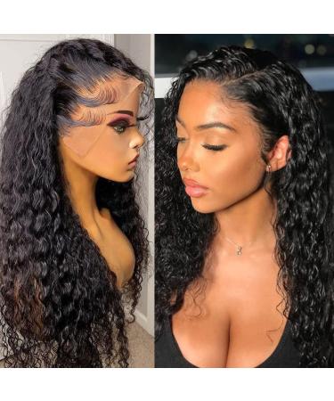 180 Density 13x4 HD Lace Front Wigs Human Hair Pre Plucked with Baby Hair Transparent Glueless Brazilian Deep Wave Frontal Wigs for Black Women Natural Black Color(20Inch) 20 Inch Natural black