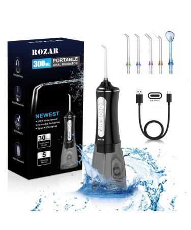 ROZAR Water Dental Flosser Pick for Teeth 5 Modes Cordless Portable 300ML Larger Water Tank Oral Irrigator IPX7 Waterproof 5 Jet Tips for Home & Travel Black
