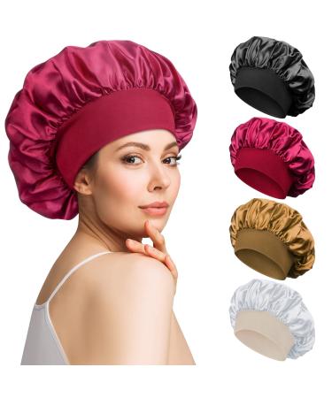 4pcs Satin Bonnet Silk Bonnet for Curly Hair Hair Bonnet Silk Hair Wrap for Sleeping Night Sleep Cap for Women (Gold Silver Black Red) Black Red Gold Silver