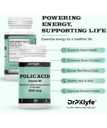 DrPKLyfe Folic Acid Tablets for Energy Pregnancy & Nutritional Support 2000 mcg Folate Vitamin B9 Prenatal Formula 250 Tablets (8-Month Supply) - Buy Online on GoSupps.com