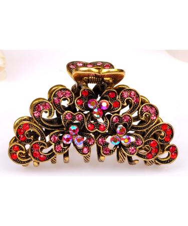 TROTH FASHION Metal Antique Silver Plated Hair Clips Women Crystal Rhinestone Hair Claw Diamante Claw Hair Clamp Anti Slip Large Claw Clips for Thin & Thick Hair Hair Styling Accessories Women Antique Gold Red