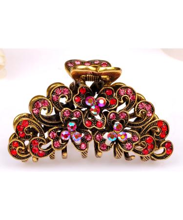 TROTH FASHION Metal Antique Silver Plated Hair Clips Women Crystal Rhinestone Hair Claw Diamante Claw Hair Clamp Anti Slip Large Claw Clips for Thin & Thick Hair Hair Styling Accessories Women Antique Gold Red