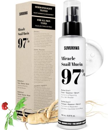 Snail Mucin 97% + Ginseng Essence 5.07 fl.oz 150ml Hydrating Serum & Toner with Snail & 8 Hyaluronic Acid Face Moisturizer for Dry Skin Hydrates & Balances Korean Skincare