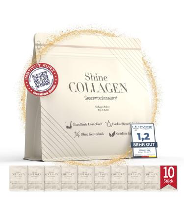 Shine Premium Collagen - 100% Pure Collagen Peptides Type 1 2 3 Hydrolyzed Powder Highly Soluble Taste-Free Anti-Aging for Skin Hair and Joints - Pack 500 g + 10 x 10g