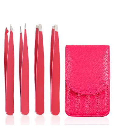 Joyjuly precision eye brawl tweezers set for women 4 pieces professional stainless steel tweezers for eyebrow plucking face hair removal eyelash extensions and tinkering pink rose pink