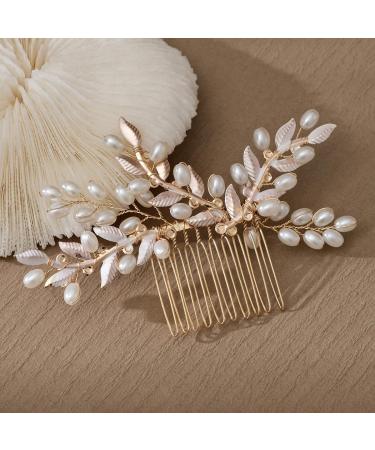 Foyte Wedding Crystal Hair Comb Gold Pearl Bride Headpiece Leaf Side Hair Combs for Women and Girls - Buy Online on GoSupps.com
