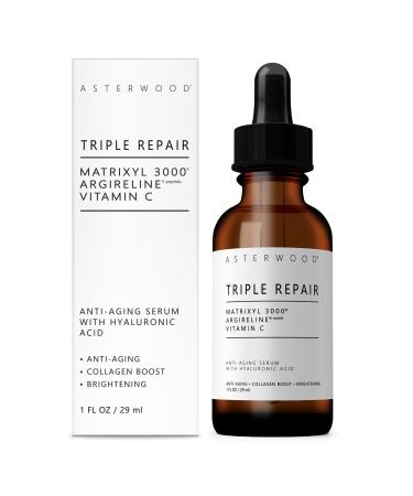 Asterwood Triple Repair Matrixyl 3000 + Argireline + Hyaluronic Acid + Vitamin C Serum for Face - Anti-Aging Collagen Boosting Hydrating - Fragrance-Free - 1 Fl Oz 1 Fl Oz (Pack of 1) Triple Repair