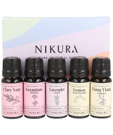 Nikura Hers Essential Oil Set - 5 x 10ml - 100% Pure Aromatherapy Oils - Clary Sage Geranium Lavender Lemon Ylang Ylang